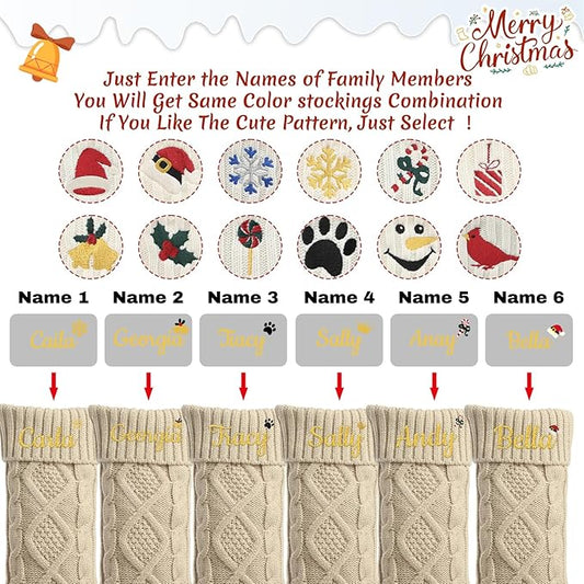 Personalized Christmas Stockings,Custom Embroidered Name+Logo Xmas Knitted Stockings 18'',Holiday and Family Stocking for Fireplace Christmas Holiday Party Decoration 1-6Pack(Flax)