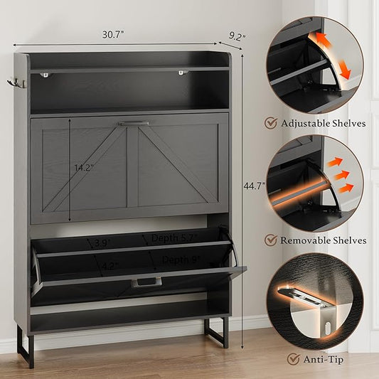 Shoe Cabinet with 2 Flip Drawers Narrow Shoe Storage Cabinet Organizer Wooden Freestanding Rack Hidden Slim Storage for Entryway, Hallway, Living Room, Bedroom