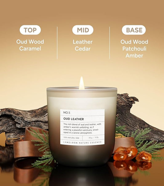 Oud & Leather Scented Candle, 11oz Aromatherapy Soy Wax Candles for Home Scented, Long Lasting, Oud Leather Scent for Home, Gifts for Men, Women, Friends, Teacher, Relaxation & Stress Relief