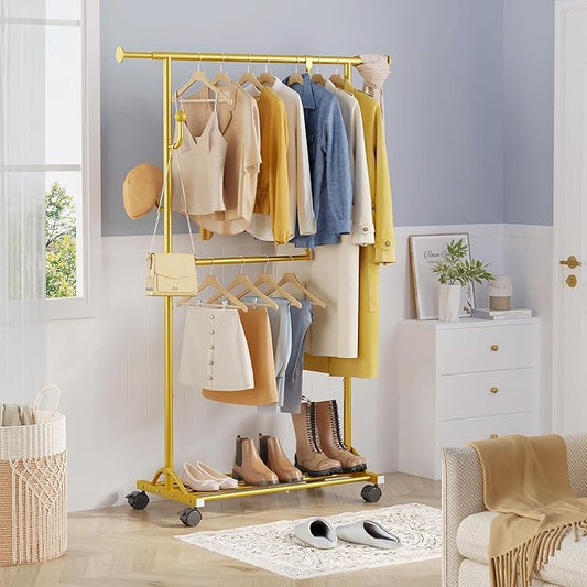 FAVOOSTY Clothes Rack for Hanging Clothes, Rolling & Extending Clothing Rack with Wheels, Garment Coat Rack Freestanding, Portable Closet Organizers and Storage Laundry Room Bedroom, Gold