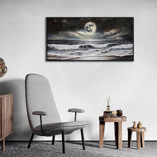 QZQCBLC Black and White Wall Art, Sea Beach Pictures Moon Starry Clouds Ocean Scene Framed Canvas Paintings Artwork for Living room Bathroom Bedroom Home Office Wall Pictures Decor 20x40 IN