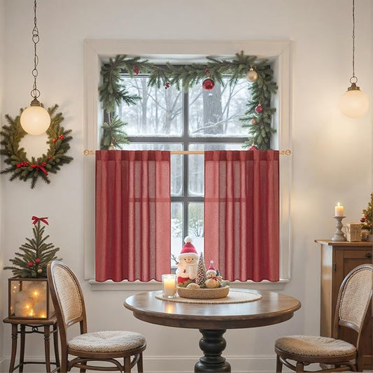 YoungsTex Burgundy Red Linen Kitchen Window Curtains 40 Inch Long, Short Light Filtering Drapes Semi Sheer with Rod Pocket Back Tab Christmas Decor for Bathroom Cafe Window, 2 Panels, 42 X 40 Inch