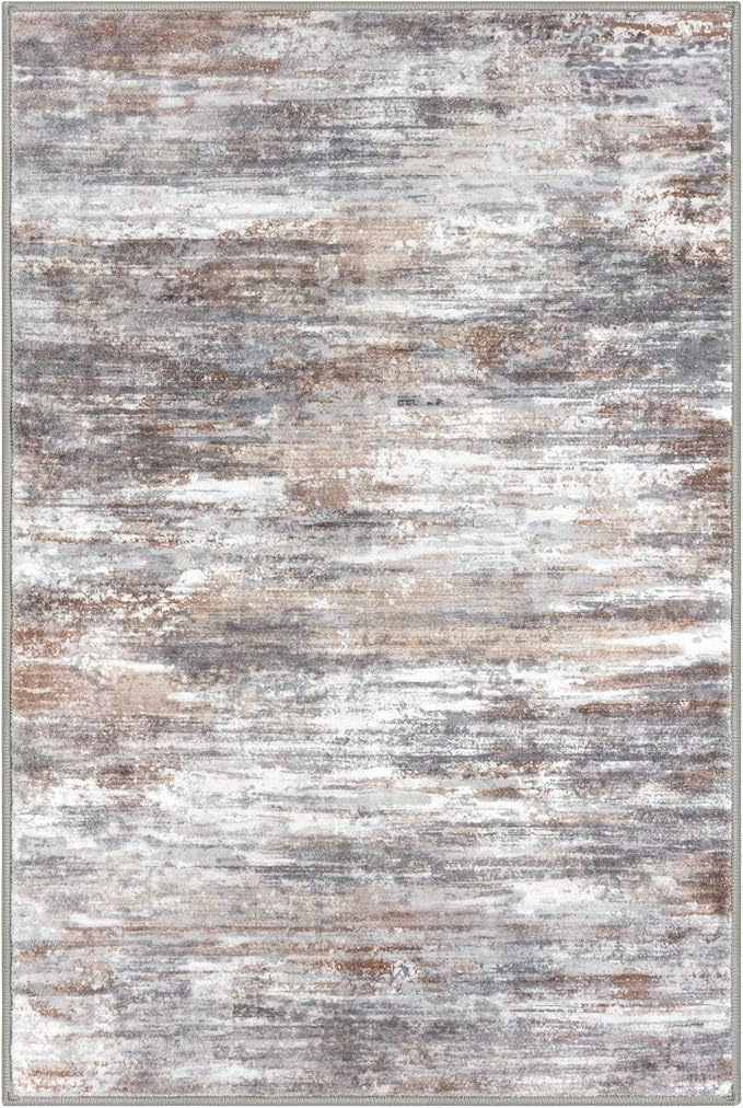 KOZYFLY Modern Abstract Small Area Rugs 2x3, Washable Kitchen Rug Non-Slip Soft Small Bathroom Rug, Multi Grey Striped Entryway Rugs Print Faux Wool Doormat for Bedside Entrance Bedroom Sink