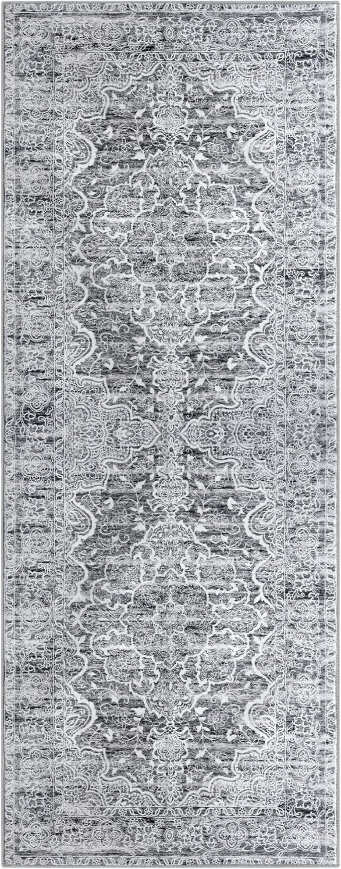 KUTA Washable Kitchen Runner 3x8, Grey Blue White Non Skid Washable 8ft Rug, Printed Vintage Distressed Tribal Area Rugs Ultra Soft Carpet Runners for Bedroom Living Room