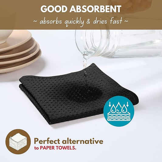 Native Fab Cotton Kitchen Towel with Hanging Loop 16x26 inches, 6-Pack, Waffle Weave Kitchen Towels for Cleaning Drying, Washcloths Soft & Absorbent Cloth Rags, Bar Towel, Dish Cloth, Black