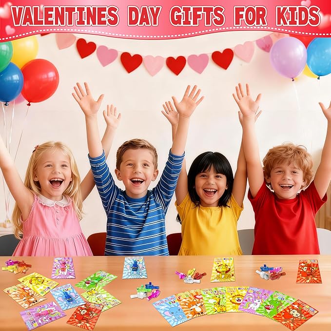 28 Pack Valentines Day Gifts for Kids Finger Lights Toys with Valentines Day Cards for Kids School, Class Valentine Exchange Cards Valentine Party Favors for Boys Girls