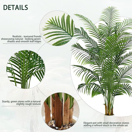 Artificial Palm Tree 7FT - Fake Tree with White Planter - Faux Tropical Areca Floor Plant in Pot - Artificial Silk Plant for Home Office Living Room Decor Indoor Outdoor Artificial Trees