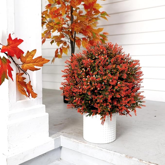 24 Fall Artificial Topiary Ball Trees with Flowers Set of 2, Outdoor Fake Topiary with Ground Spike, UV Resistant Faux Artificial Plant Bush for Indoor Front Porch Garden(2 Pack, Golden)