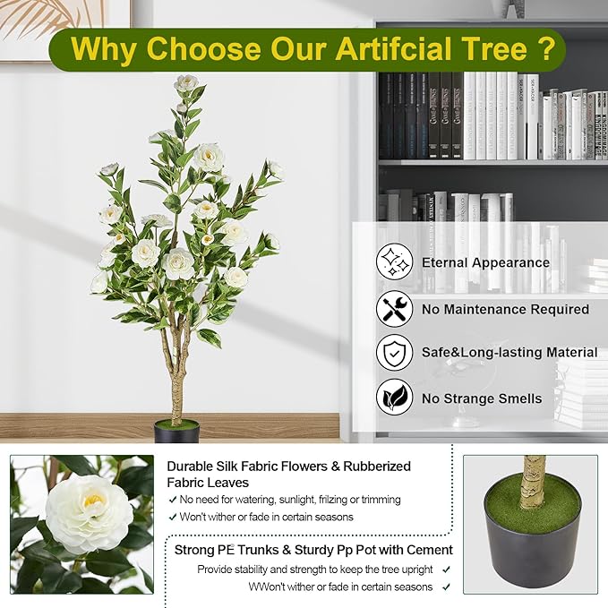 4Ft Artificial Camellia Tree 2pack, White Silk Flowers Faux Plant for Indoor Outdoor Home Decor, Realistic Potted Greenery for Office Porch Living Room