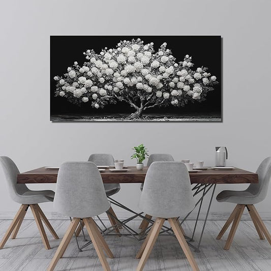 JuhaiArt Tree Painting Canvas Bedroom Black Poster Floral Wall Decor White Rose Wall Picture for Living Room Home Office 29"x 59"
