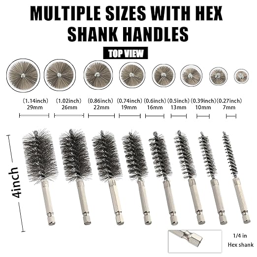 MAXMAN Stainless Steel Bore Brush, 8pcs Wire Brush for Drill, Durable Metal Bristles Twisted, 8 Size Set Multiple Diameter Options, 1/4 Inch Hex Shank, for Power Drill Impact Driver & Tube Cleaning