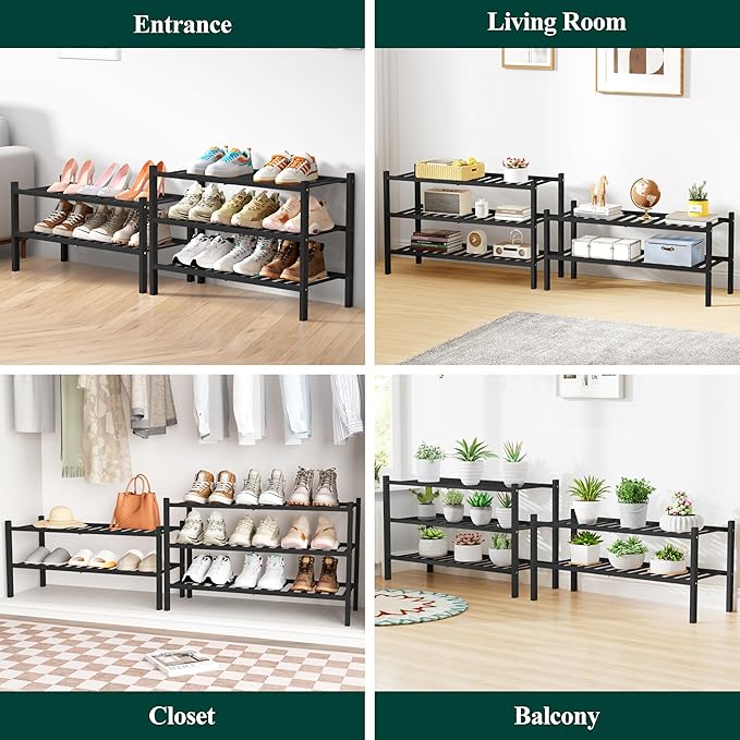 Smiry Bamboo Shoe Rack for Closet, 2 Tier Wooden Stackable Shoe Organizer, Free Standing Shoes Storage Shelf for Entryway, Front Door Entrance, Black