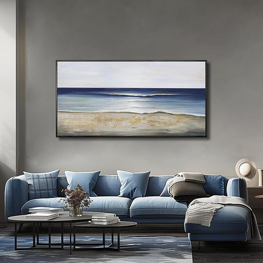 Yuaxker Ocean Wall Art Blue and White Wall Decor Framed Aesthetic Artwork Wall Hanging Canvas Painting for Living Room Bedroom Dining Room Office Home Decor 24x48 Inch