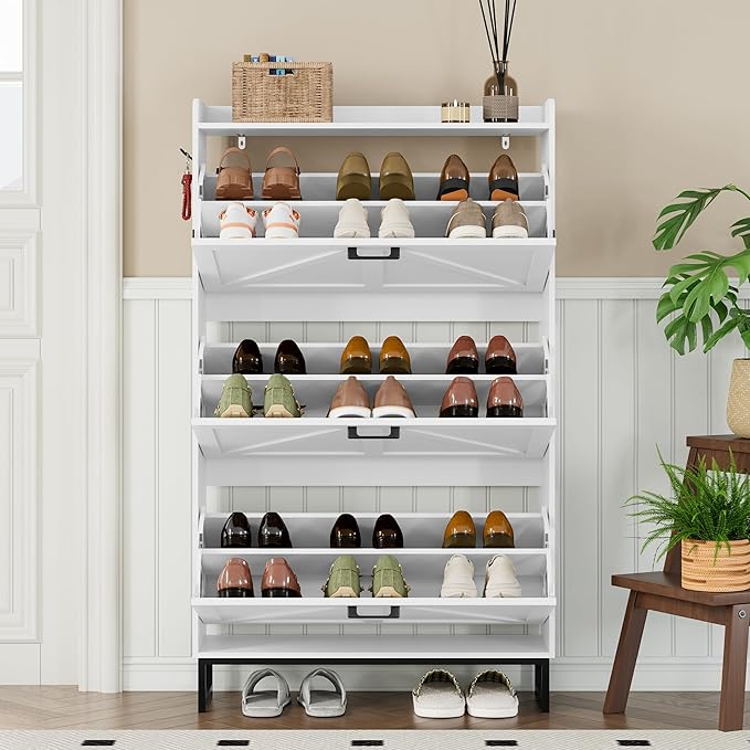 Shoe Cabinet with 3 Flip Drawers Narrow Shoe Storage Cabinet Organizer Wooden Freestanding Shoe Rack Hidden Slim Shoes Storage Cabinet for Entryway, Hallway, Living Room, Bedroom