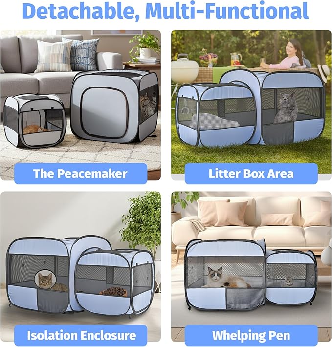 EighteenTek 2-in-1 Portable Cat Playpen, Detachable into 2 Separate Cages with Additional 2 Doors, Pop up Pet Play Pen Cat Tent House, Foldable Puppy Enclosure Kitten Crates Indoors Outdoor(Grey)