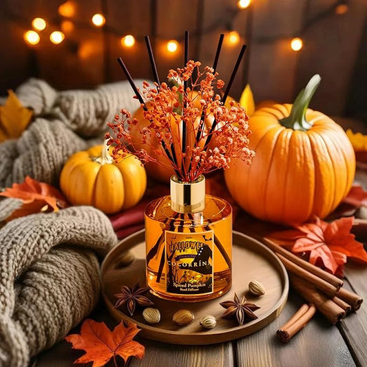 COCORRÍNA Reed Diffuser - Spiced Pumpkin 6.7 fl oz Scented Diffuser with 8 Sticks Home Fragrance Bathroom Shelf Decor (Halloween Collection)