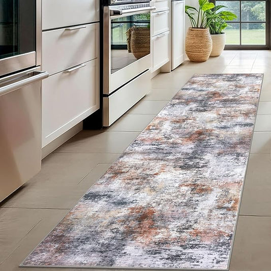 Modern Abstract Hallway Runner Rug, Grey Orange Multi 2x8 Runner Rug, Washable Kitchen Runner Non-Slip Soft Thin Print Faux Wool Carpet for Entryway Bedroom Laundry Room Indoor