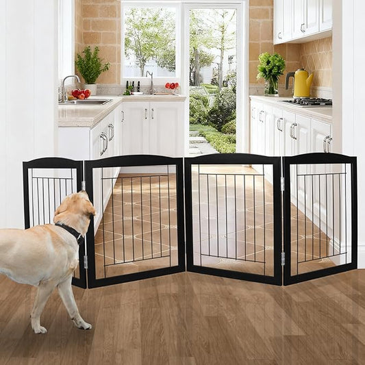 ZJSF Freestanding Foldable Dog Gate for House Extra Wide Wooden Black Indoor Puppy Gate Stairs Dog Gates Doorways Tall Pet Gate 4 Panels Fence