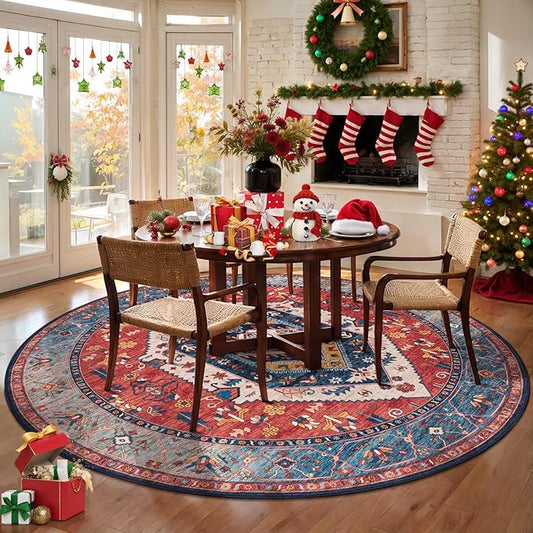 SERISSA Boho Round Area Rug, 8ft Washable Non-Slip Circle Rug, Ultra Soft Large Oriental Vintage Rust Low-Pile Circular Carpet for Living Room Bedroom Dining Room Kids Room Office College Dorm