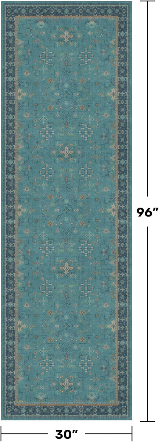 Boho 2'6"x8' Wide Hallway Runner Rugs - Teal 8ft Long Washable Door Rugs for Entryway Indoor, Non Slip with Rubber Backing, Vintage Floral Indoor Décor, Low Pile & Soft Carpet