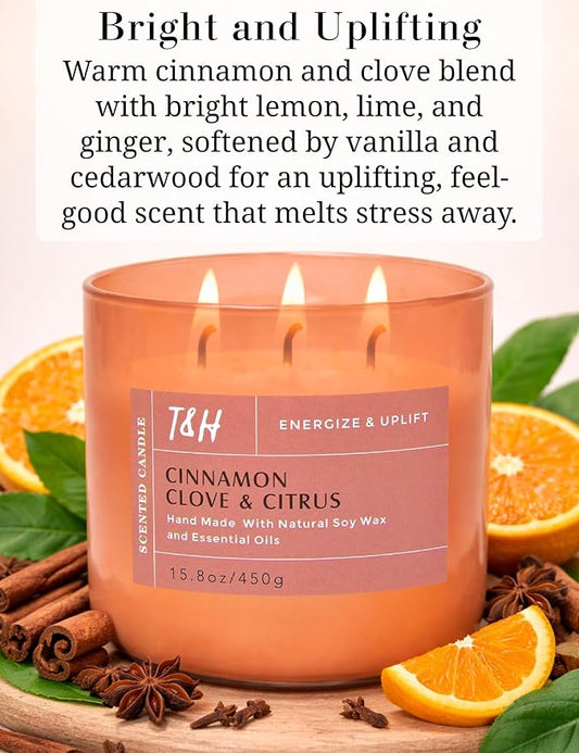 Cinnamon Clove Citrus 3 Wick Soy Candle Large 15.8oz | Spiced Orange Scented Candles for Home | Clean Burn Long Lasting Candle | Warm Cozy Aromatherapy Candle | Housewarming Birthday Gift