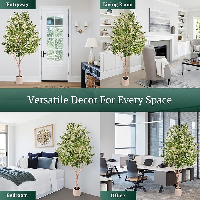 Large Olive Trees Artificial Indoor, Upgraded 7FT Faux Olive Tree with Natural Wood Trunk and Lifelike Fruits, White Tall Planter, Modern Artificial Plants for Home/Office Decor Gifts
