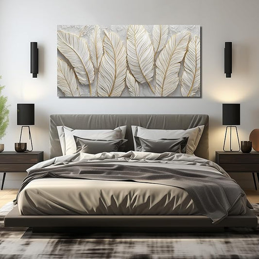JuhaiArt White Picture Art Feather Canvas Wall Art Bedroom Gold Wall Decorations Art for Living Room Home Office 29" x 59" Artwork Prints