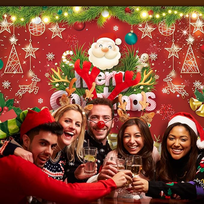 7x5FT Merry Christmas Banner - Santa Claus & Reindeer Background - Red Xmas Party Backdrop for Kids