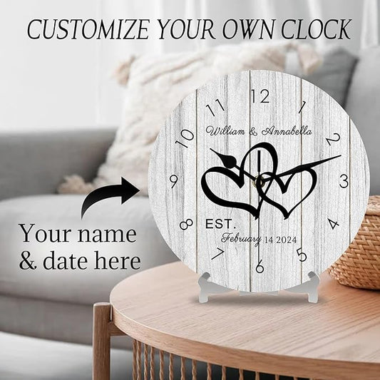 Personalized Couples Wall Clock with Name Date, Custom Farmhouse Wall Clock for Living Room Kitchen Bathroom, Home Decor Gifts for Christmas Birthday Valentine's Anniversary Wedding