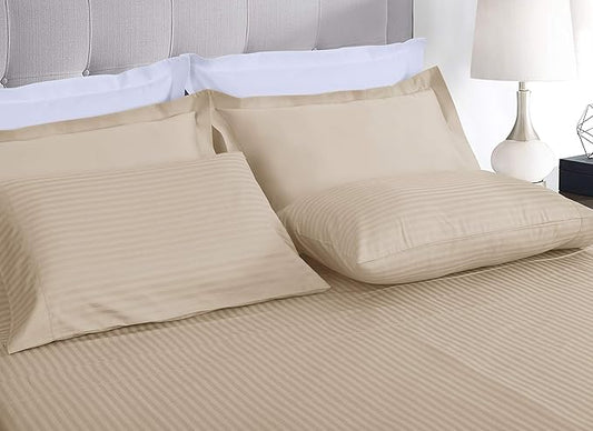 Threadmill 100% Cotton Sheets for Twin XL Size Bed - 600 Thread Count Twin XL Bed Sheets Set with 15” Deep Pocket - Damask Stripe Sateen Weave 3-Piece Bedding Set with Cooling Effect, Beige