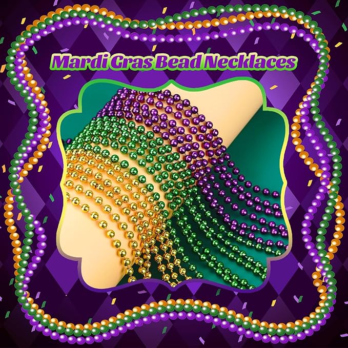 144 PCS Mardi Gras Beads Necklaces, Gold Green Purple Metallic Bead Necklaces 33” Mardi Gras Beads Necklaces Accessories Bulk Party Beads Necklaces for Mardi Gras Party, Throw Beads Party Favors