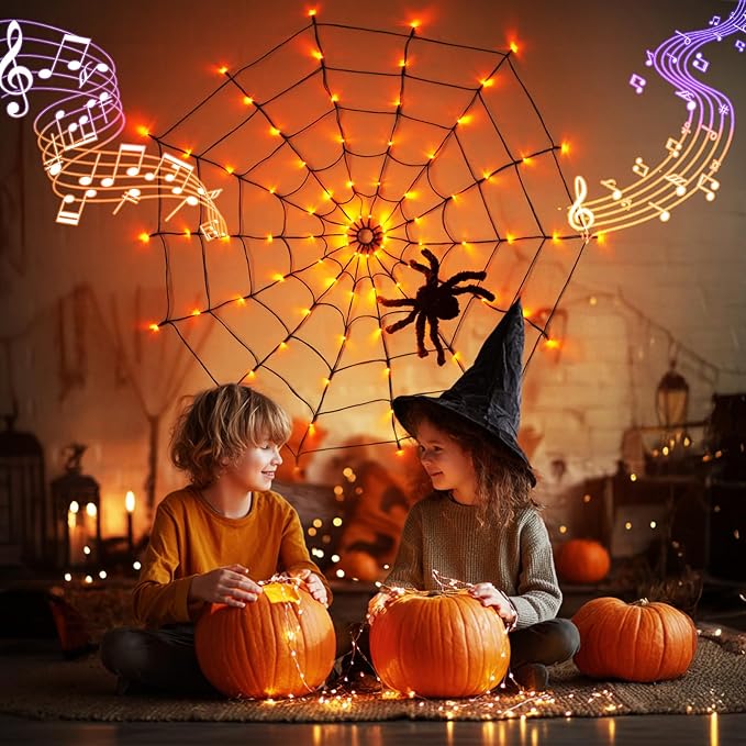 Vanthylit Halloween Decorations, Spider Web Lights Motion-Activated Sensor, 4FT 84LED Light Up Spider Web with Black Spider, Halloween Lights for Window Indoor Outdoor Horror Decor(Orange & Purple)