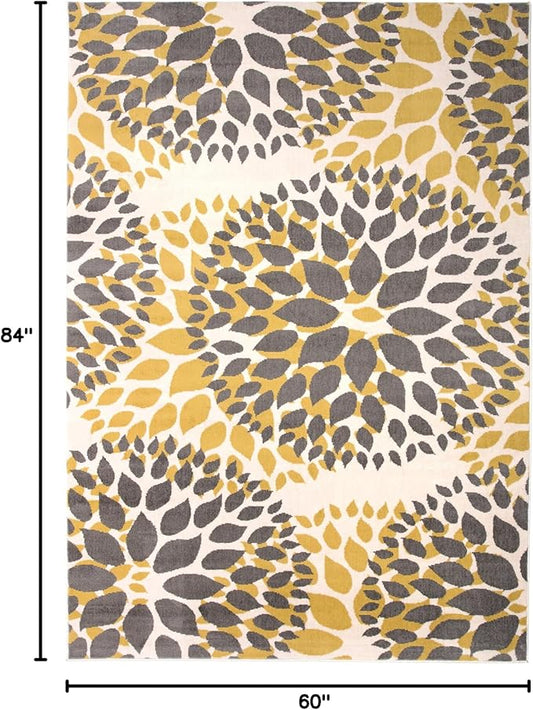 Rugshop Modern Yellow Floral Circles Design Area Rug – Elegant Non-Shedding, 5'x7' for Living Room, Bedroom, Dining Room, Kitchen