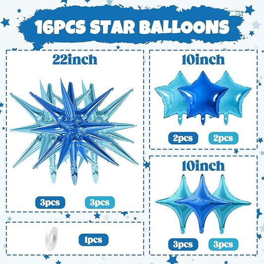 Blue Star Balloon,16Pcs Light Blue Star Foil Balloons Set with 22Inch Explosion Spike Cone Balloons and 10Inch Quadrangle Helium Balloon for Birthday Wedding Baby Shower Party Decorations
