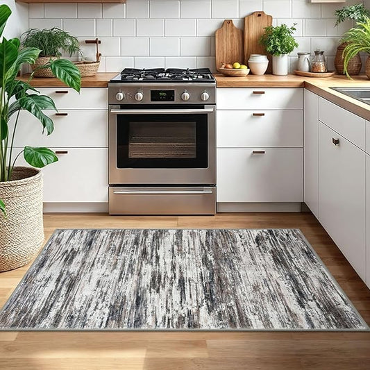 3x5 Modern Abstract Area Rug for Entryway, Grey Brown Super Soft Washable Rug with Non-Slip, Low-Pile Door Mat Indoor for Living Room Bedroom, Carpet with Non-Shedding