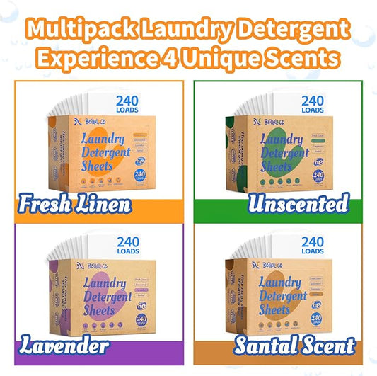 BellaLuce Laundry Detergent Sheets - Laundry Sheets, 240 Loads (960 Count (Pack of 4), Fresh Linen & Lavender & Santal & Unscented)