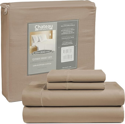 Split King Sheet Set, 100% Cotton Bed Sheets Split King Size Sheets Deep Pocket Set, 800 Thread Count Sateen Weave 4 Piece Luxury Bedding, Soft & Breathable No Pill Fade Resistant – Taupe