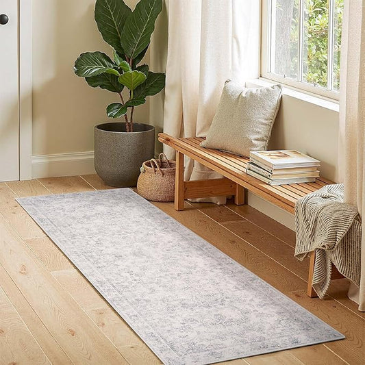 jinchan Runner Rug 2x5 Kitchen Rugs Hallway Runner - Machine Washable Vintage Floral Non-Slip,Low Pile Soft Ultra-Thin Distressed Carpet for Entryway Farmhouse Bedroom Laundry Room (2’x5’,Ivory)