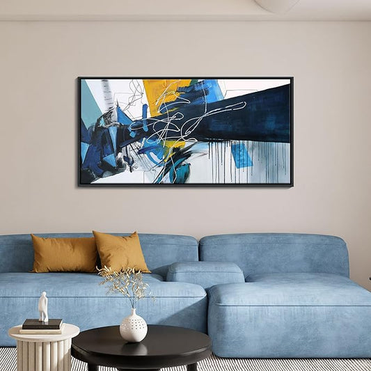 KLAKLA Large Abstract Canvas Wall Art for Living Room - Blue and white Framed Wall Decor Living Room Picture Artwork for Office Bedroom Decorative Paintings