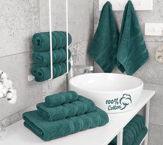 American Soft Linen Luxury 6 Piece Towel Set, 2 Bath Towels 2 Hand Towel 2 Washcloths, 600 GSM 100% Cotton Turkish Towels for Bathroom, Teal Towel Sets
