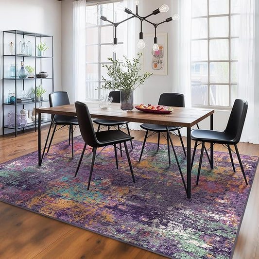 Washable Area Rugs 7'x9' Non-Slip Modern Abstract Soft for Living Room Entryway Bedroom Nursery, Print Pattern, Purple Orange Blue Green Rust Red Colorful