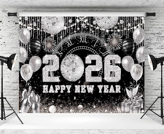 Happy New Year 2026 Black Silver Backdrop 2026 New Year Eve Countdown Photo Background Cheer to 2026 Party Decoration Banner Photo Supplies