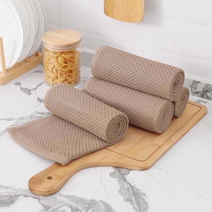 Kitinjoy 100% Cotton Waffle Weave Kitchen Towels, 8-Pack Super Soft and Absorbent Dish Towels for Drying Dishes, Kitchen Hand Towels, 13 in x 28 in, Tan