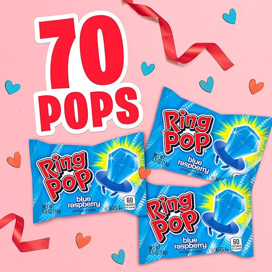 Ring Pop Blue Candy, 70 Ct Individually Wrapped Bulk Lollipop Pack, Blue Raspberry Flavored Lollipop Suckers for Kids, Fun Candy Bulk for Valentine's Gifts, Goodie Bags, Party Favors