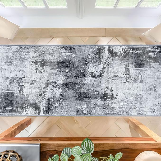 KOZYFLY Modern Abstract Runner Rug 2x6 Washable Grey/Black/Black Runners for Hallways Kitchen Runner Rug Non Slip Carpet Rug Runner Laundry Mat with Soft Low Pile for Entryway Bathroom Bedroom Kitchen