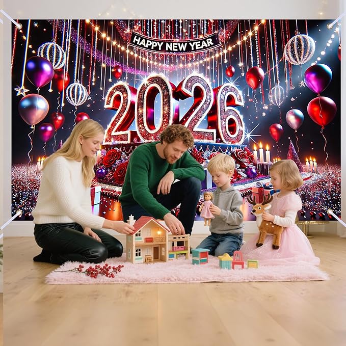 Nuxovilar Happy New Year Banner, 2026 Stage Lights Backdrop for Party Decorations, 71x43 Inch