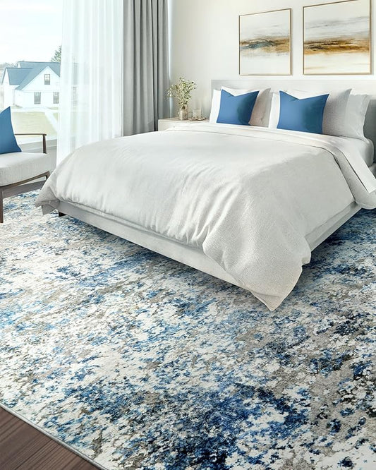 Washable Area Rug for Living Room: 5x7 Modern Abstract Neutral Soft Rug for Bedroom Dining Room No Slip Low Pile Carpet for Nursery Home Office - Grey/Blue