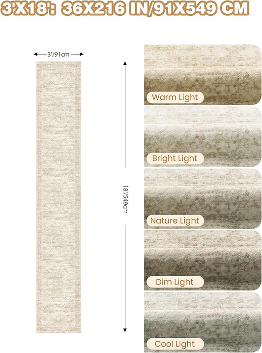 3x18 Washable Runner Rug for Hallway, Non-Slip Long Hallway Runner for Entryway, Soft Vintage Kitchen Mats for Floor, Abstract Dining Room, Bedroom, Living Room Rugs(3'x18', Beige/Ivory)