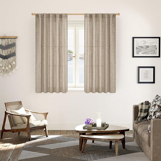 YoungsTex Oatmeal Linen Curtains 48 Inch Length, Burlap Semi Sheer Drapes Light Filtering with Rod Pocket Back Tab for Living Room Short Window, 2 Panels, 42 X 48 Inch