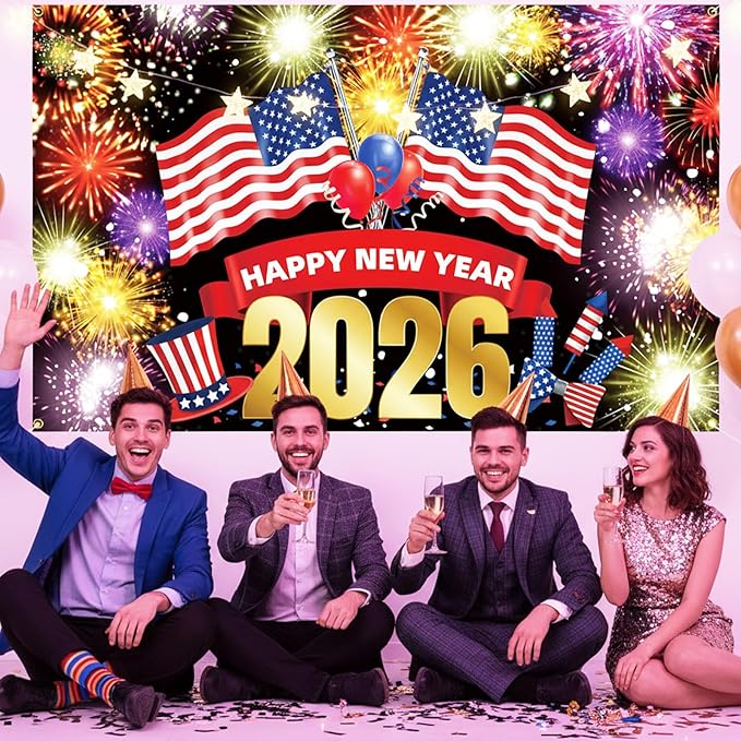 Happy New Year Banner 2026 72x44 Inch Illuminated Firework Design New Years Eve Party Decorations Holiday Celebration Banner Props Backdrop